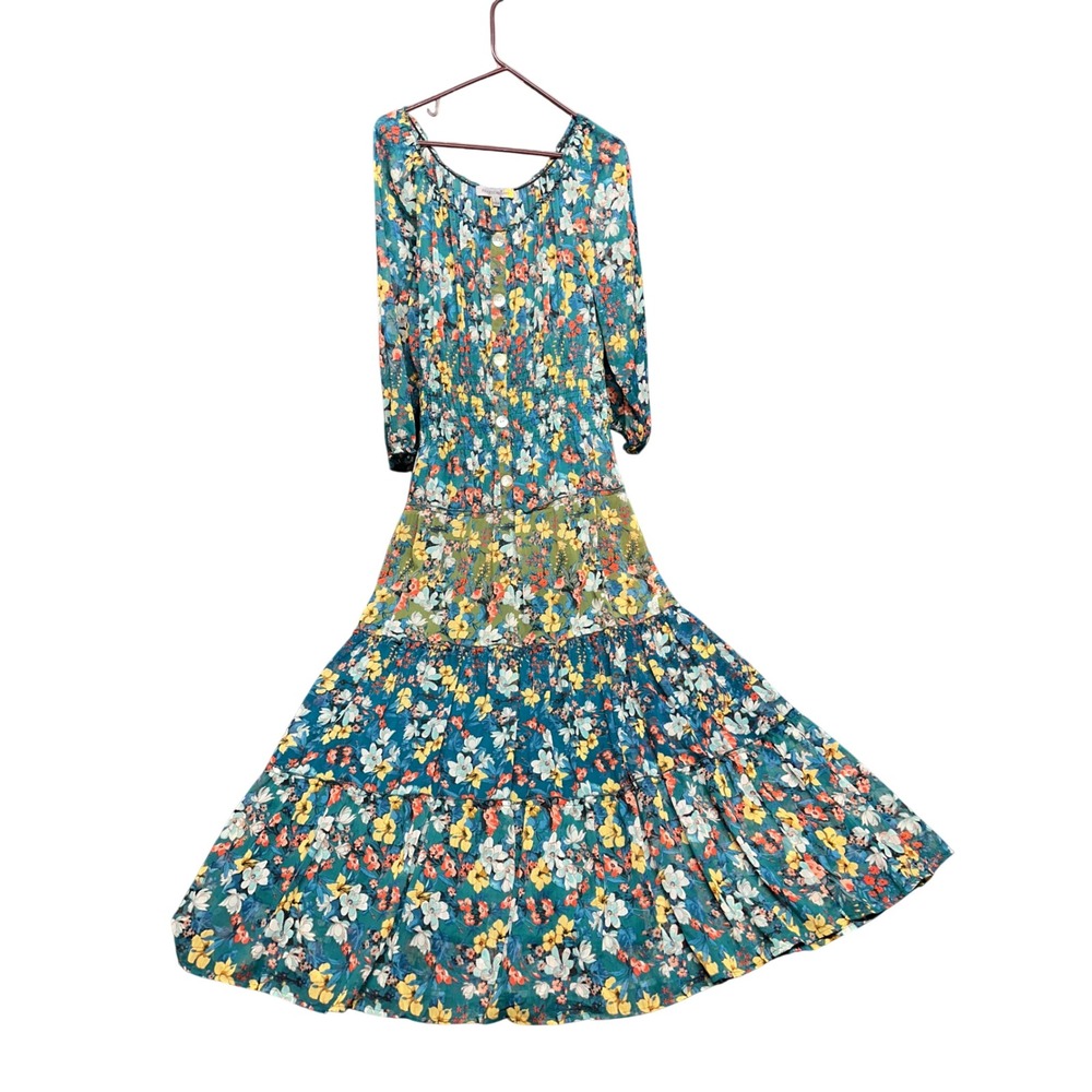 Boho floral maxi dress tiered chiffon feminine milkmaid gypsy cowgirl teal